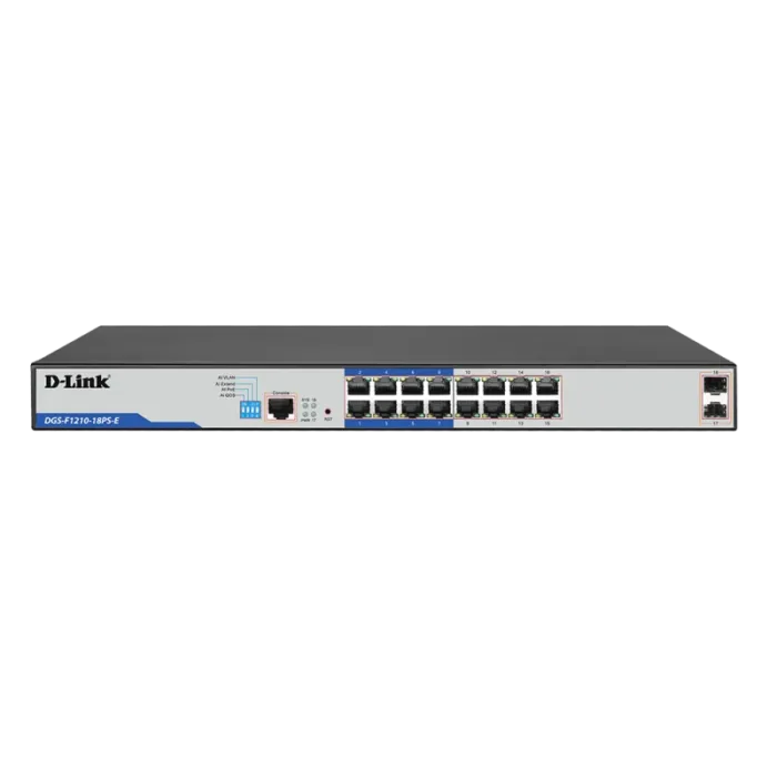 D-Link DGS-F1210-18PS-E 16-port Gigabit Long Range 250m PoE+ Smart Switch with 16 PoE ports, 2 SFP ports